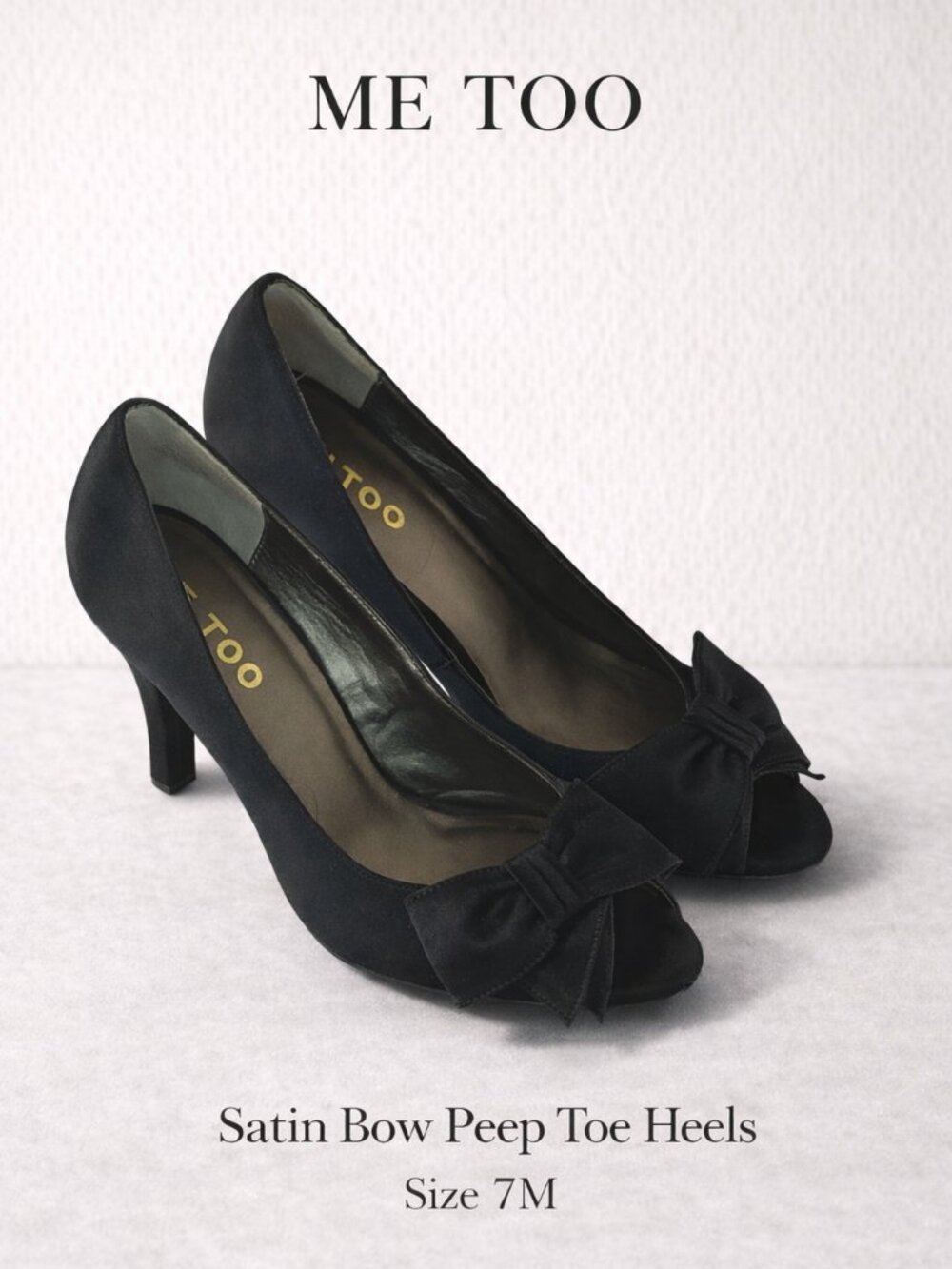 Me Too Jupiter Satin Bow Peep Toe Heels Black Size 7M